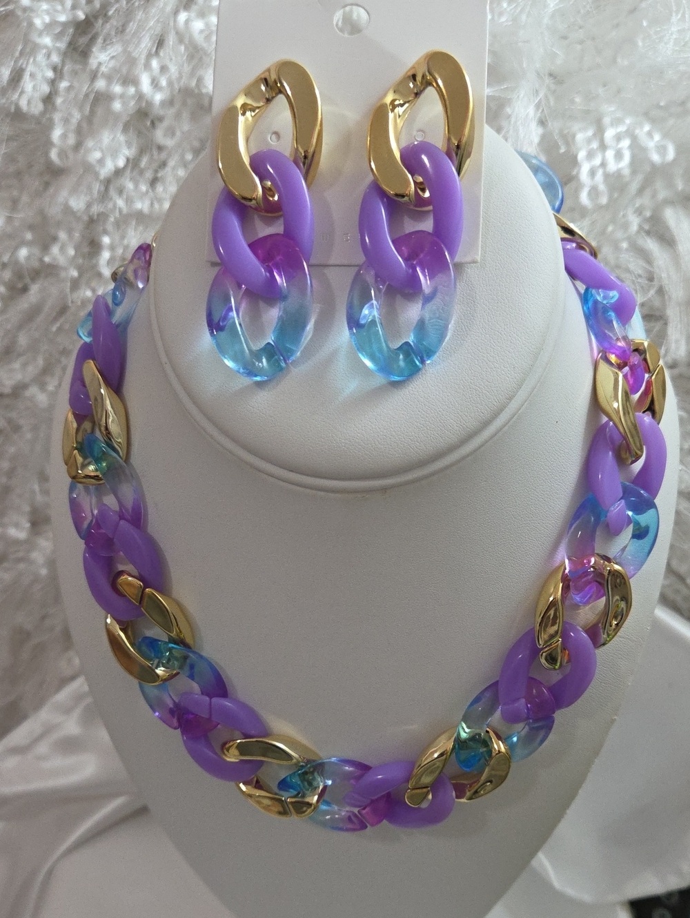 Gold, Purple & Blue Resin Link Necklace and Earring Set